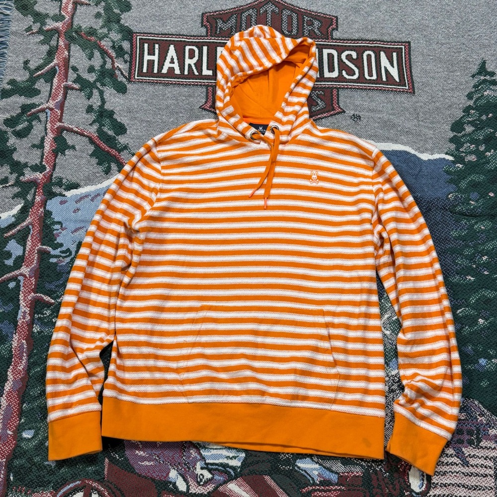 Psycho Bunny Mens Orange White Striped Pullover Hoodie Logo XL